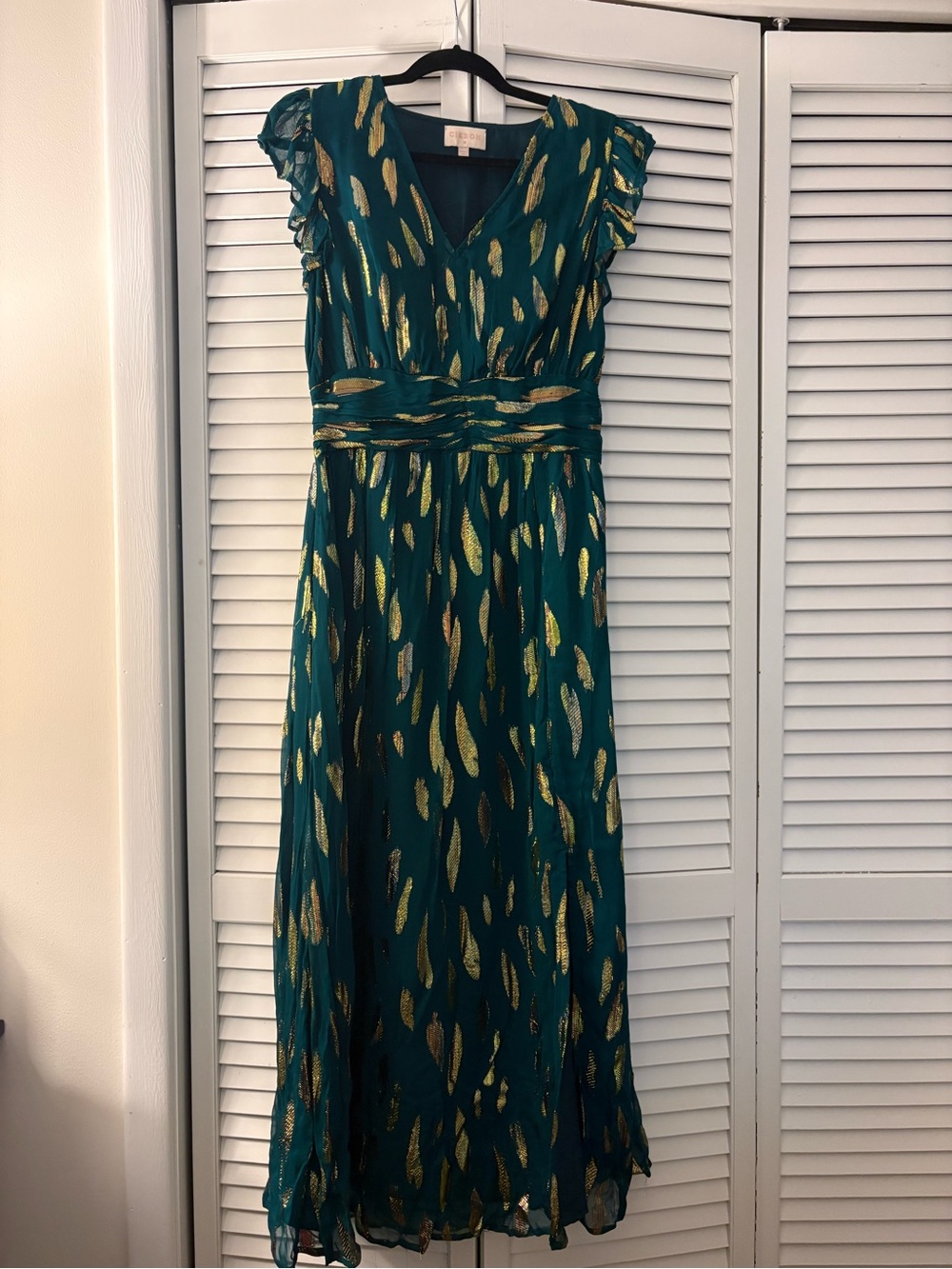 Teal Dress with Gold Accent - Elegant V-Neck Maxi Dress